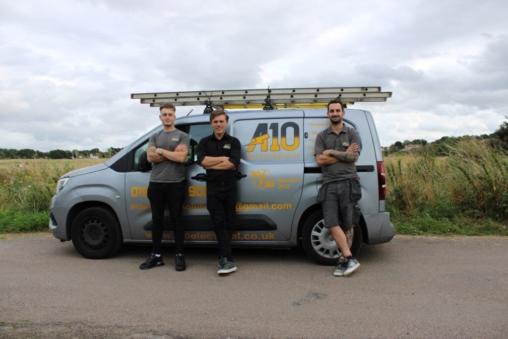 A10 Electrical Solutions team and their work van. Electrical Contractors you can trust 24/7 , London to Cambridge.